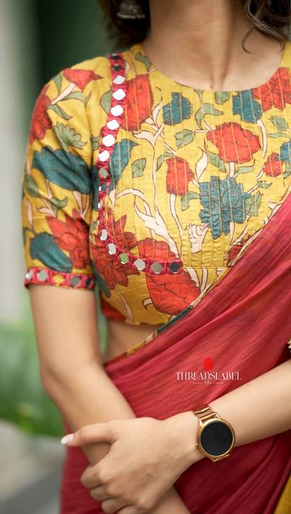 Maroon mul cotton saree with kalamkari mirror blouse