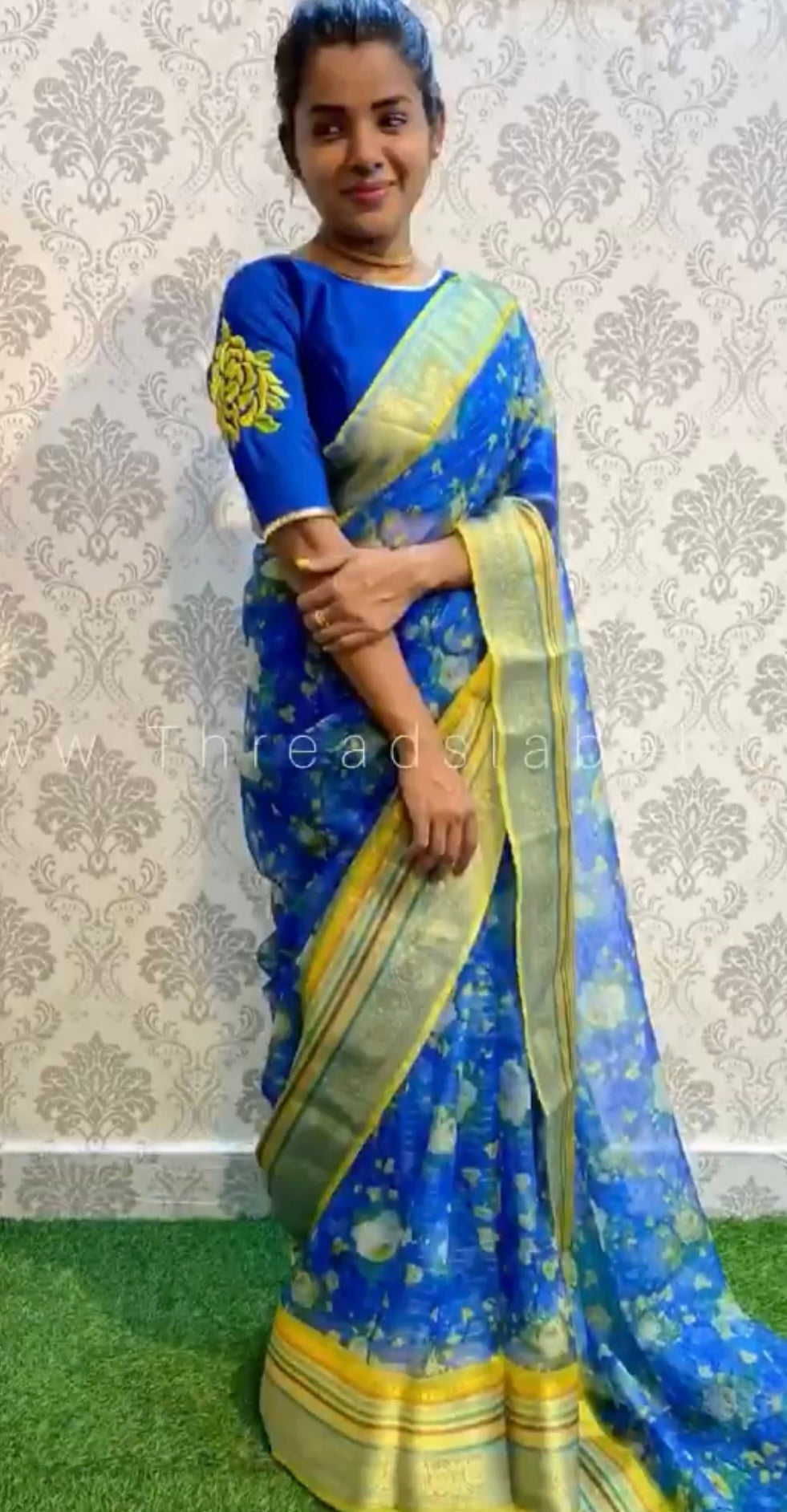 Blue Silk Blouse with Threaded Floral hand work