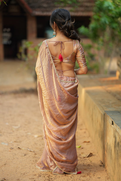 Golden peach glass tissue saree with banarasi blouse