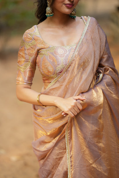 Golden peach glass tissue saree with banarasi blouse
