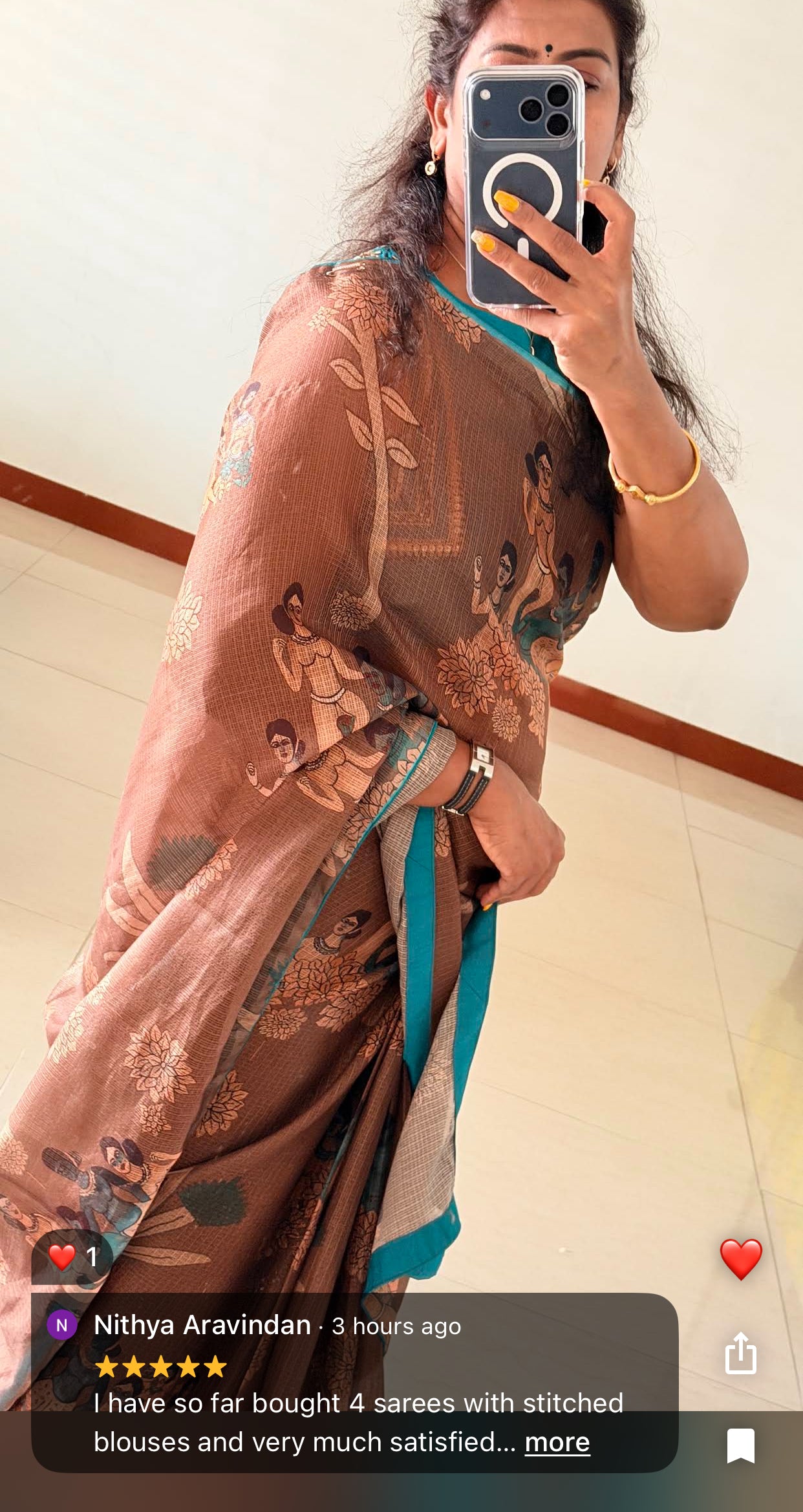 Brown kalamkari kota saree with blue hand work blouse