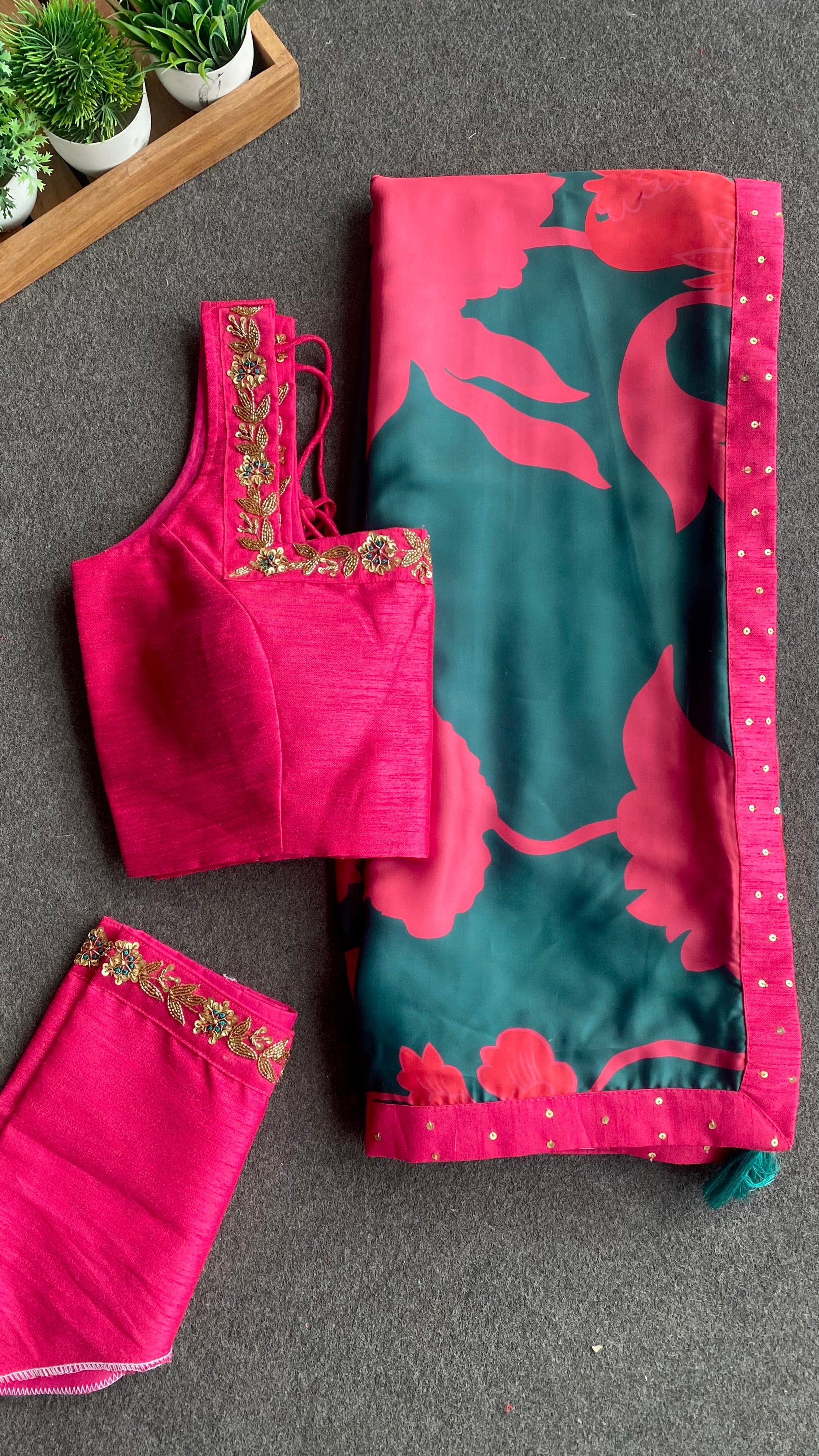 Peacock pink & green saree with pink handwork blouse