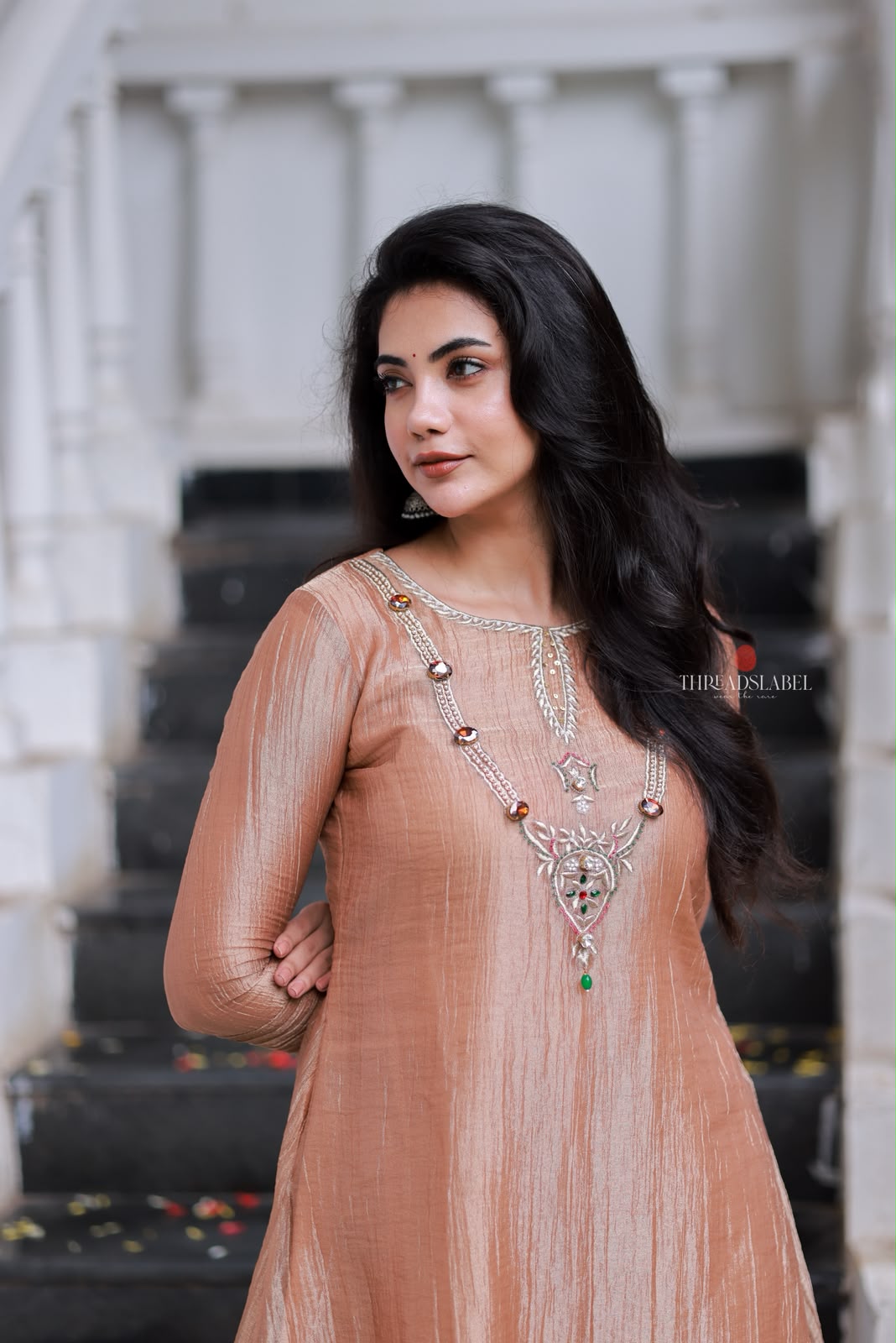 Peach tissue JEWEL NECK kurti
