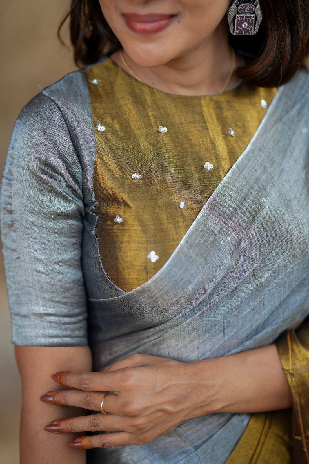Silver grey gold soft tissue saree with handwork blouse
