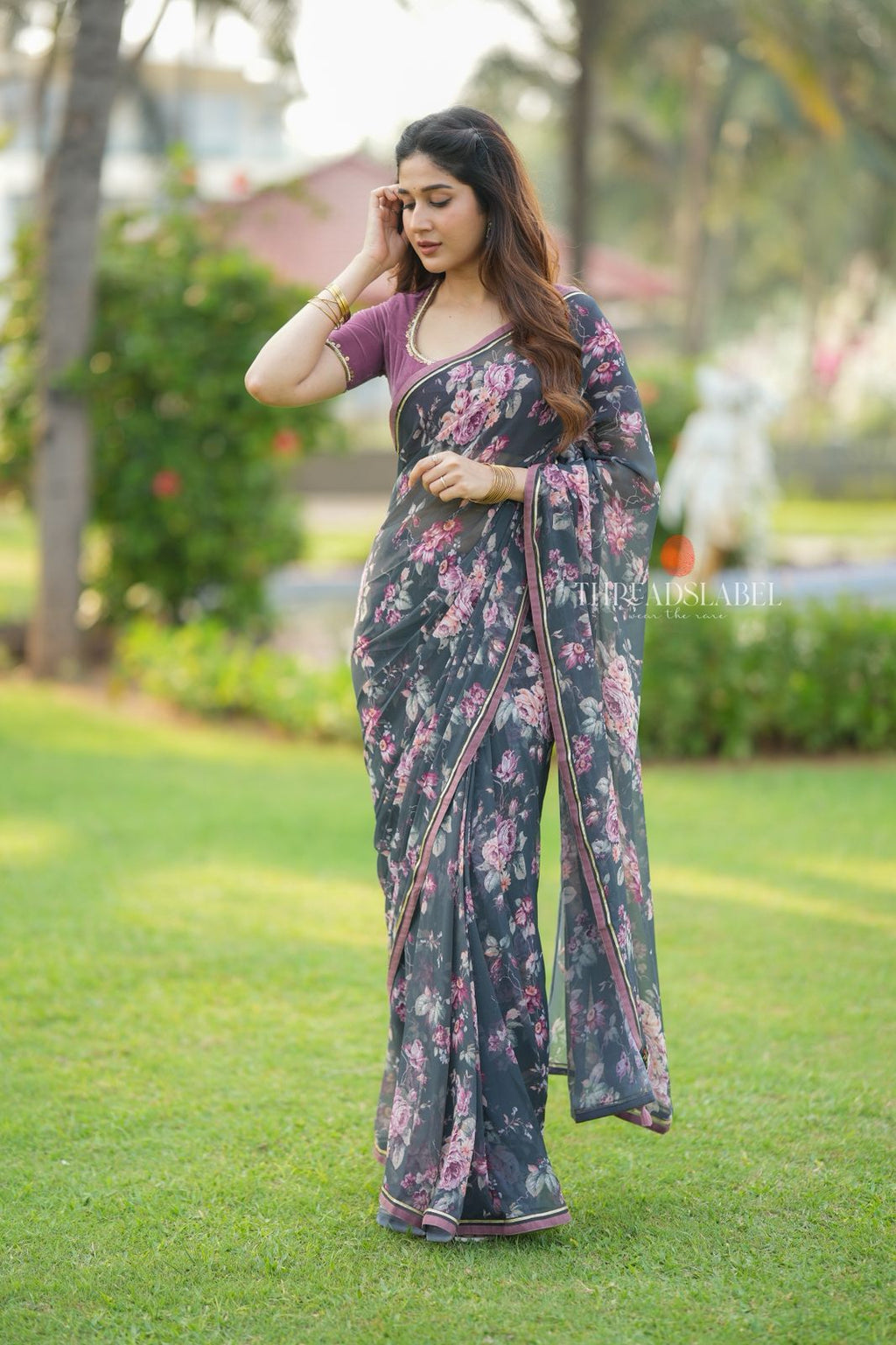 Grey georgette floral print saree (only saree)