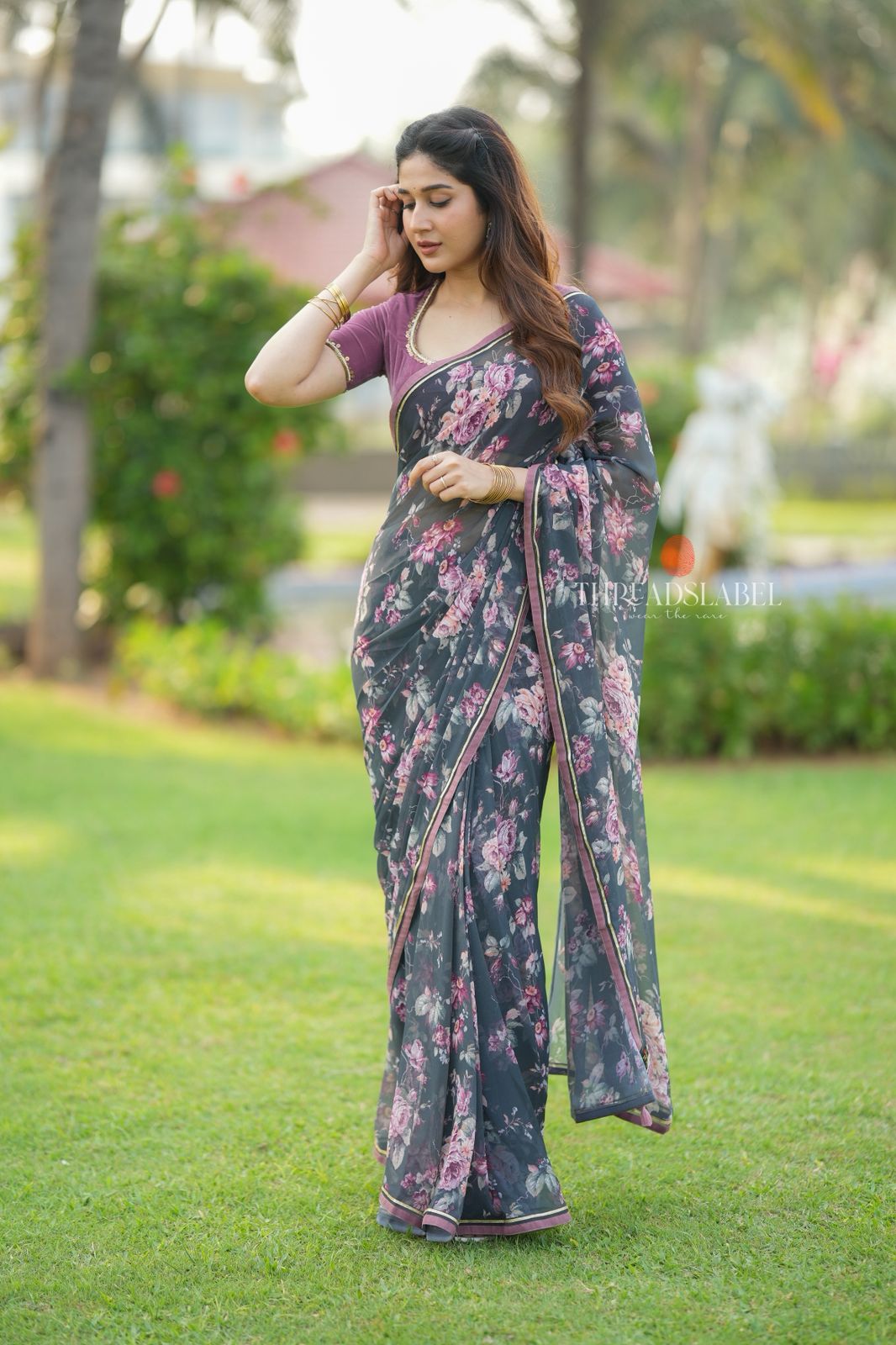 Grey georgette floral print saree (only saree)