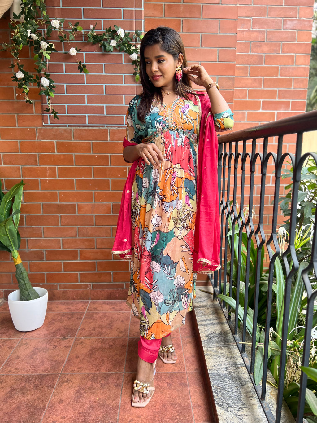 Chinnon floral printed 3 piece alia cut kurti suit