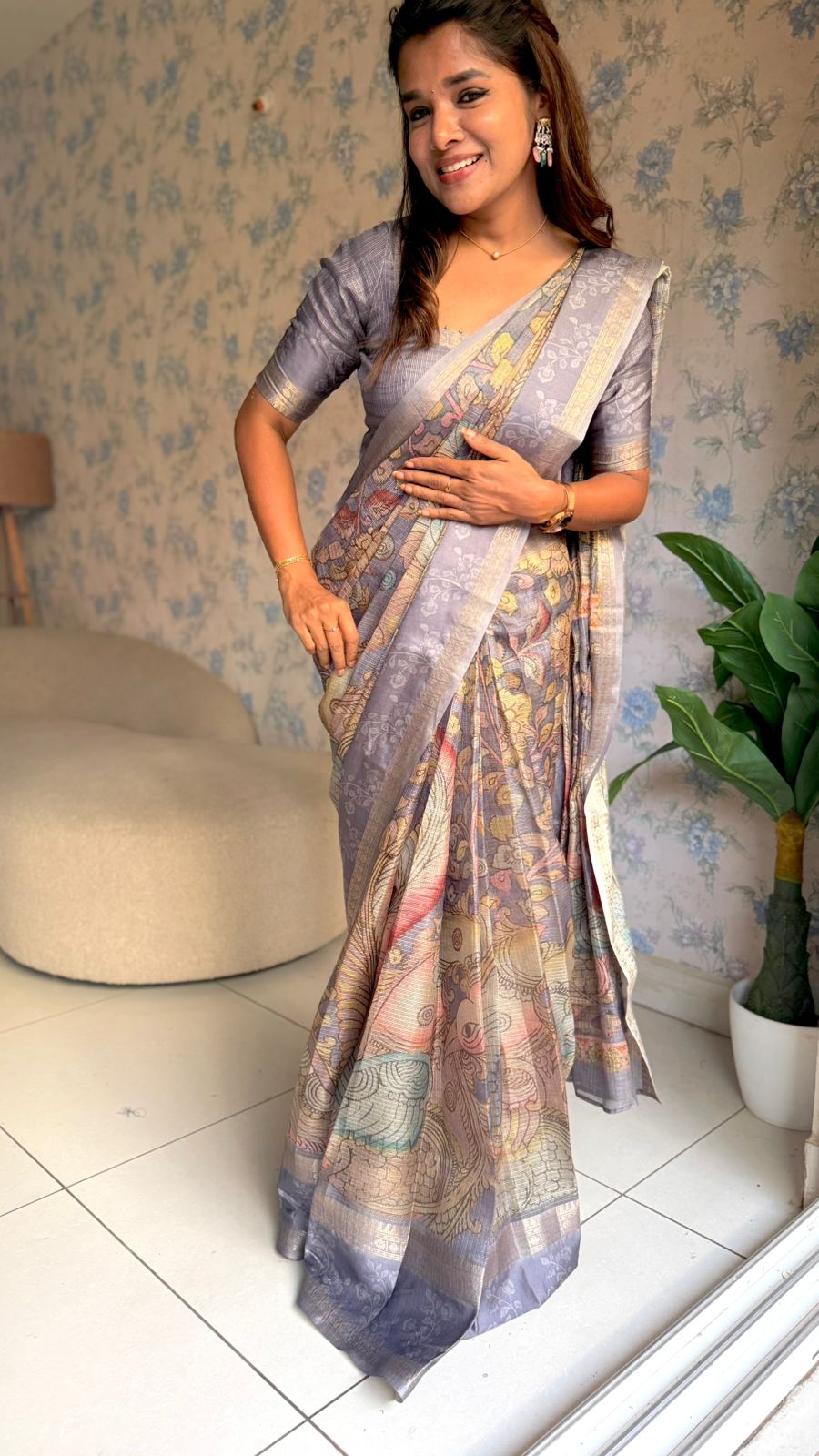 Smokey grey linen cotton kalamkari saree with pearl work blouse