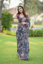 Grey georgette floral print saree (only saree)