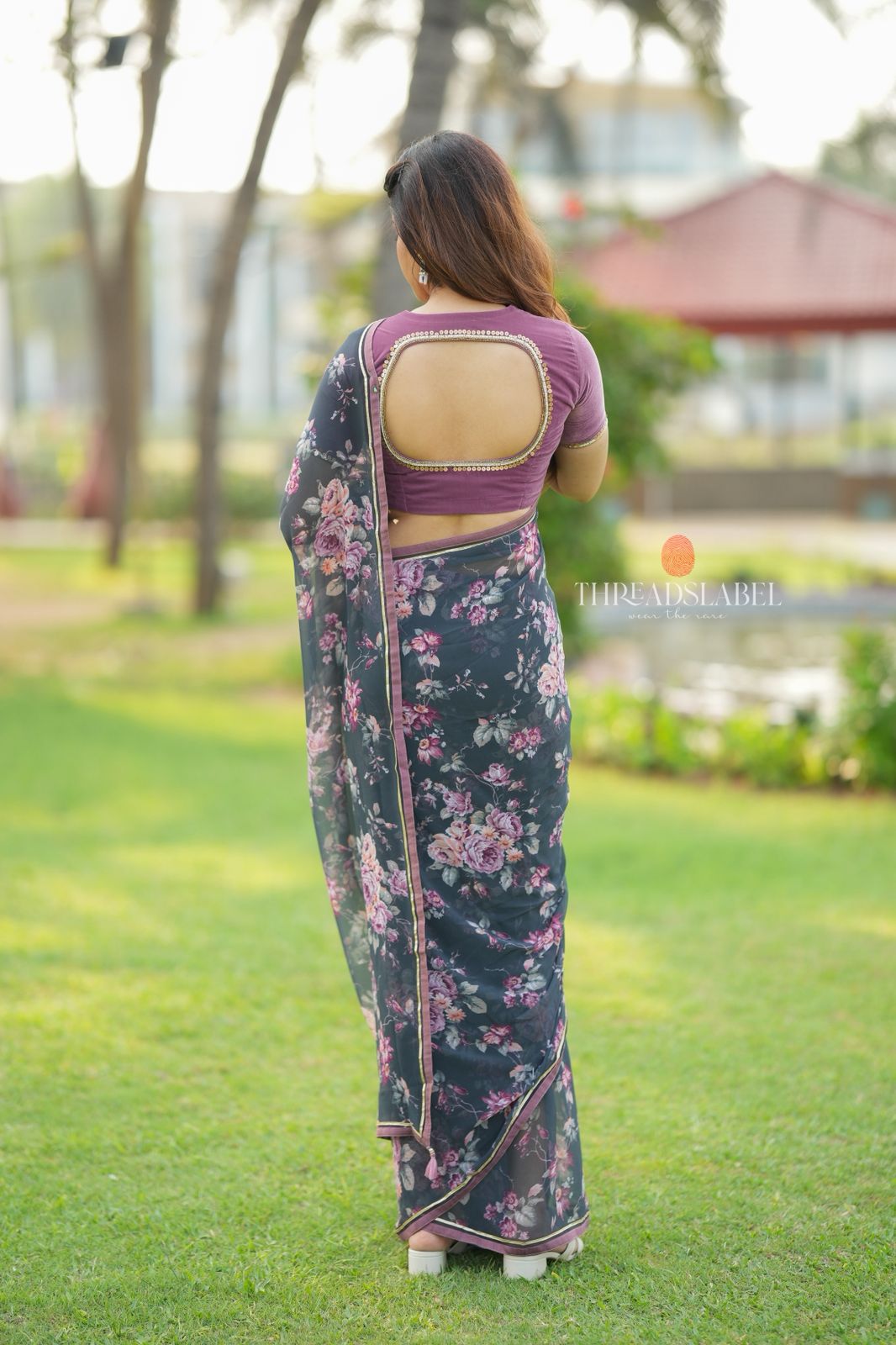 Grey georgette saree with pink hand work blouse