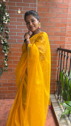 Yellow checked organza saree with velvet embroidery blouse
