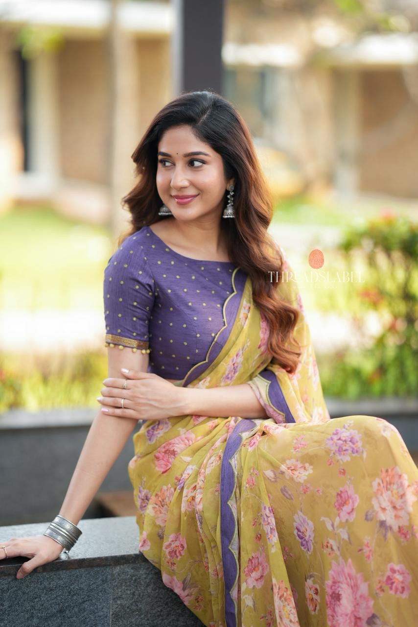 Mehandi green georgette saree with hand work blouse