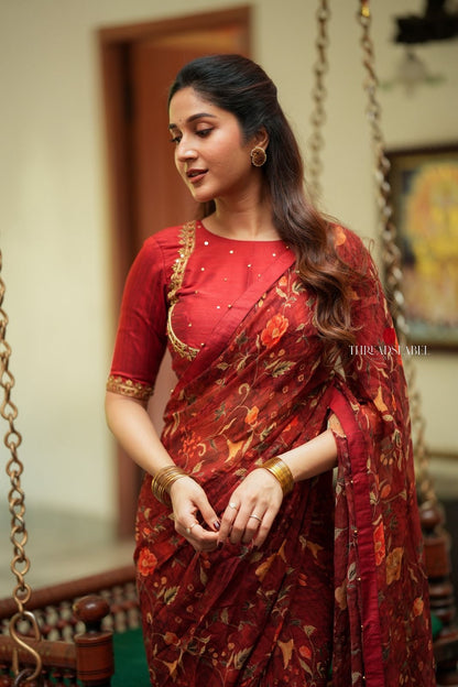 Maroon chiffon floral saree with hand work blouse