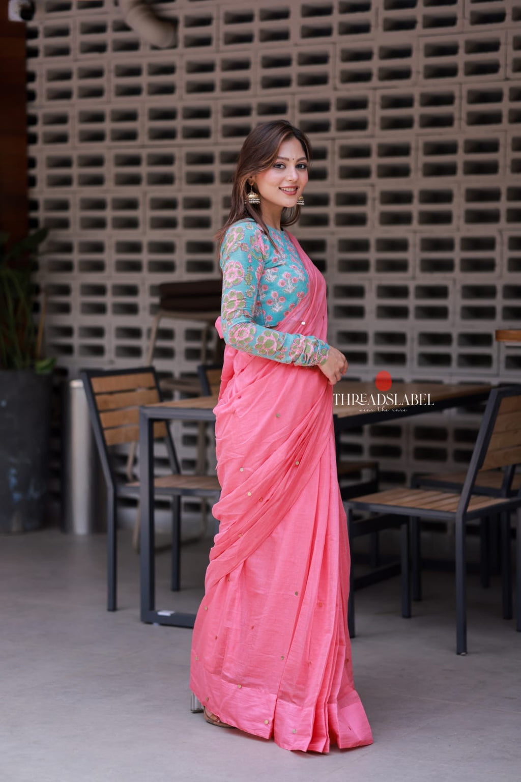 Baby pink mul chanderi saree with floral blouse