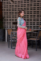 Baby pink mul chanderi saree with floral blouse