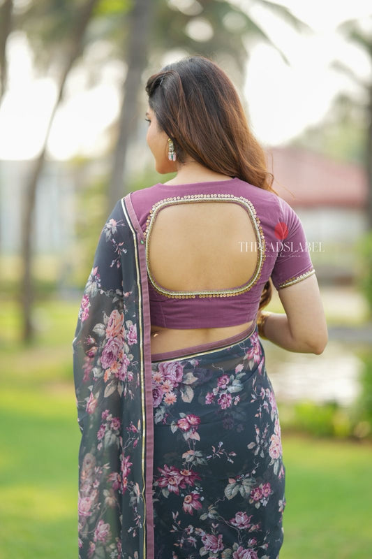 Grey georgette saree with pink hand work blouse