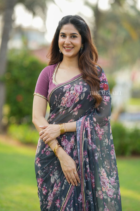 Grey georgette saree with pink hand work blouse