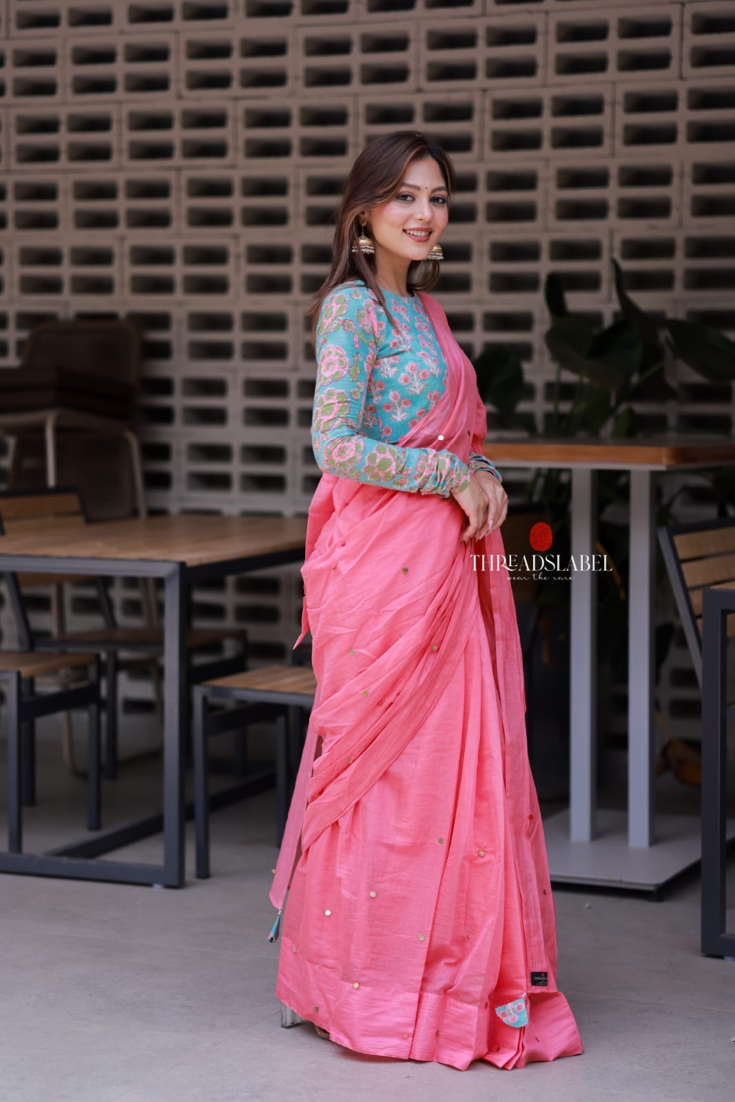 Baby pink mul chanderi saree with floral blouse