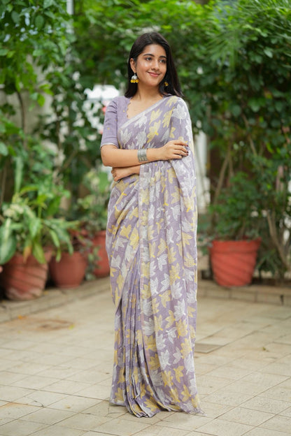 Lavender linen floral saree with hand work blouse