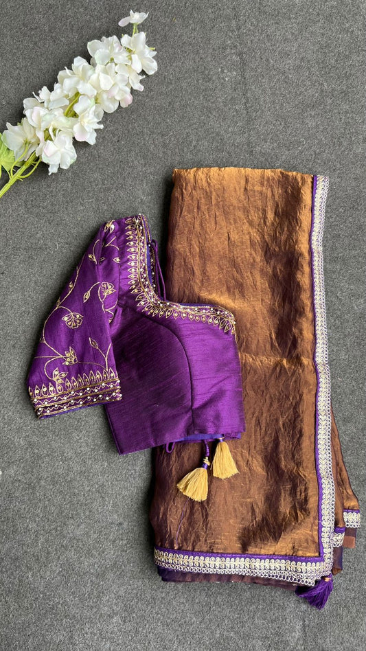 Coffee tissue saree with purple heavy hand work blouse