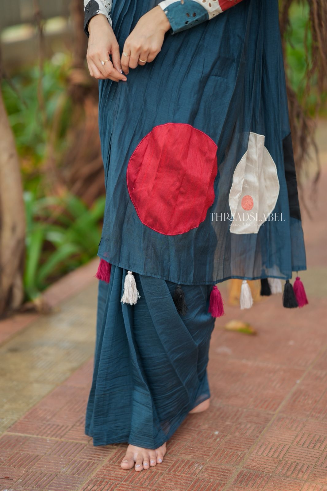 Blue mul chanderi saree with embroidery ajrak blouse