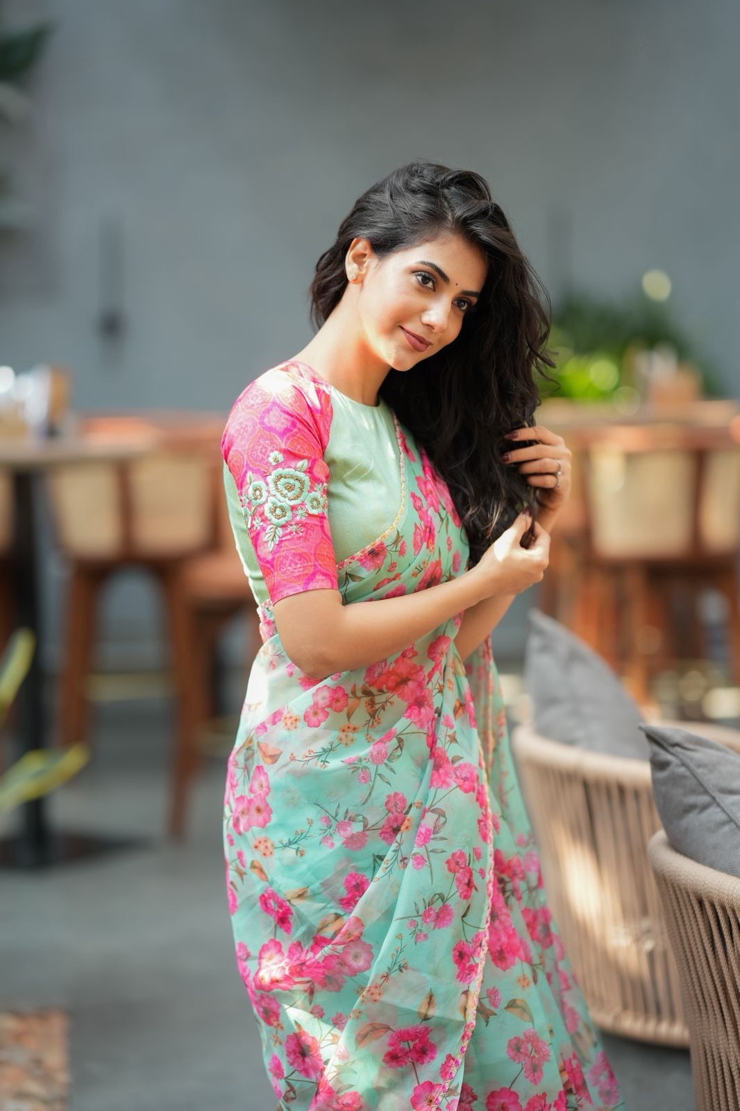 Pista floral organza saree with hand work blouse