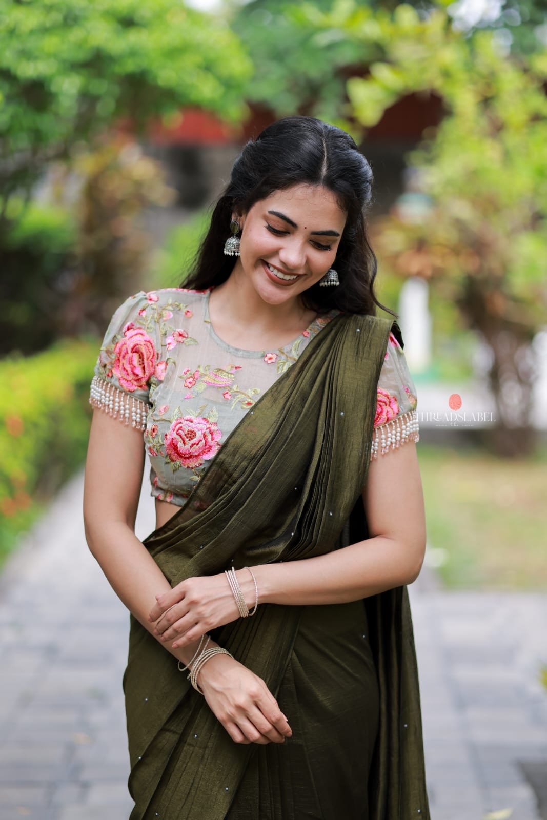 Bottle green Marble Saree with Handwork Blouse