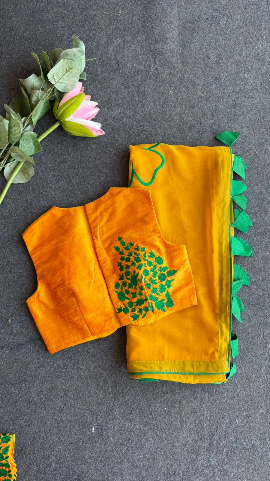 Mustard yellow soft organza saree with embroidery blouse