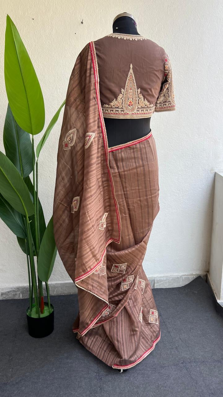 Caramel muslin silk embroidery saree with blouse
