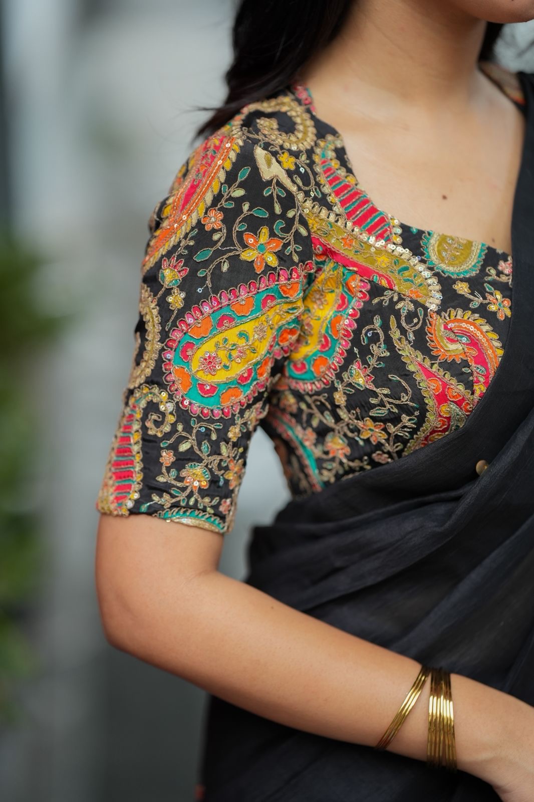 Black malai chanderi saree with heavy embroidery blouse