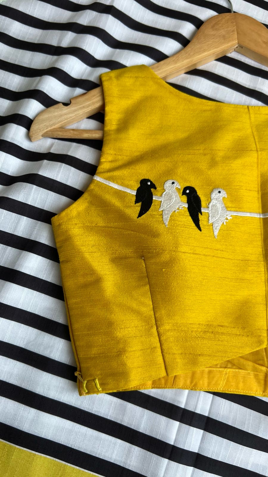 Yellow silk bird embroidery blouse