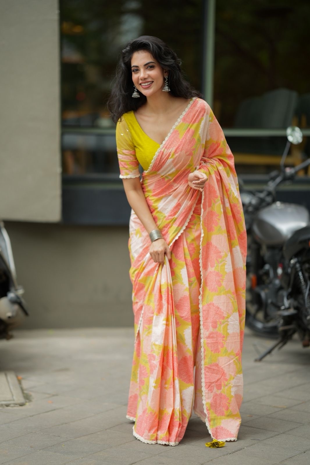 Lime yellow silk & netted hand work blouse (only blouse)