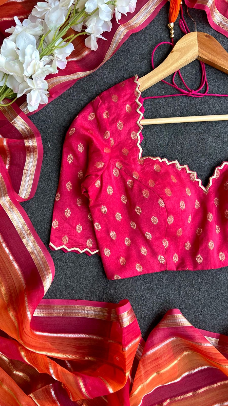 Pink & orange stripped soft organza saree with banarasi hand work blouse