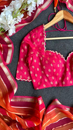 Pink & orange stripped soft organza saree with banarasi hand work blouse