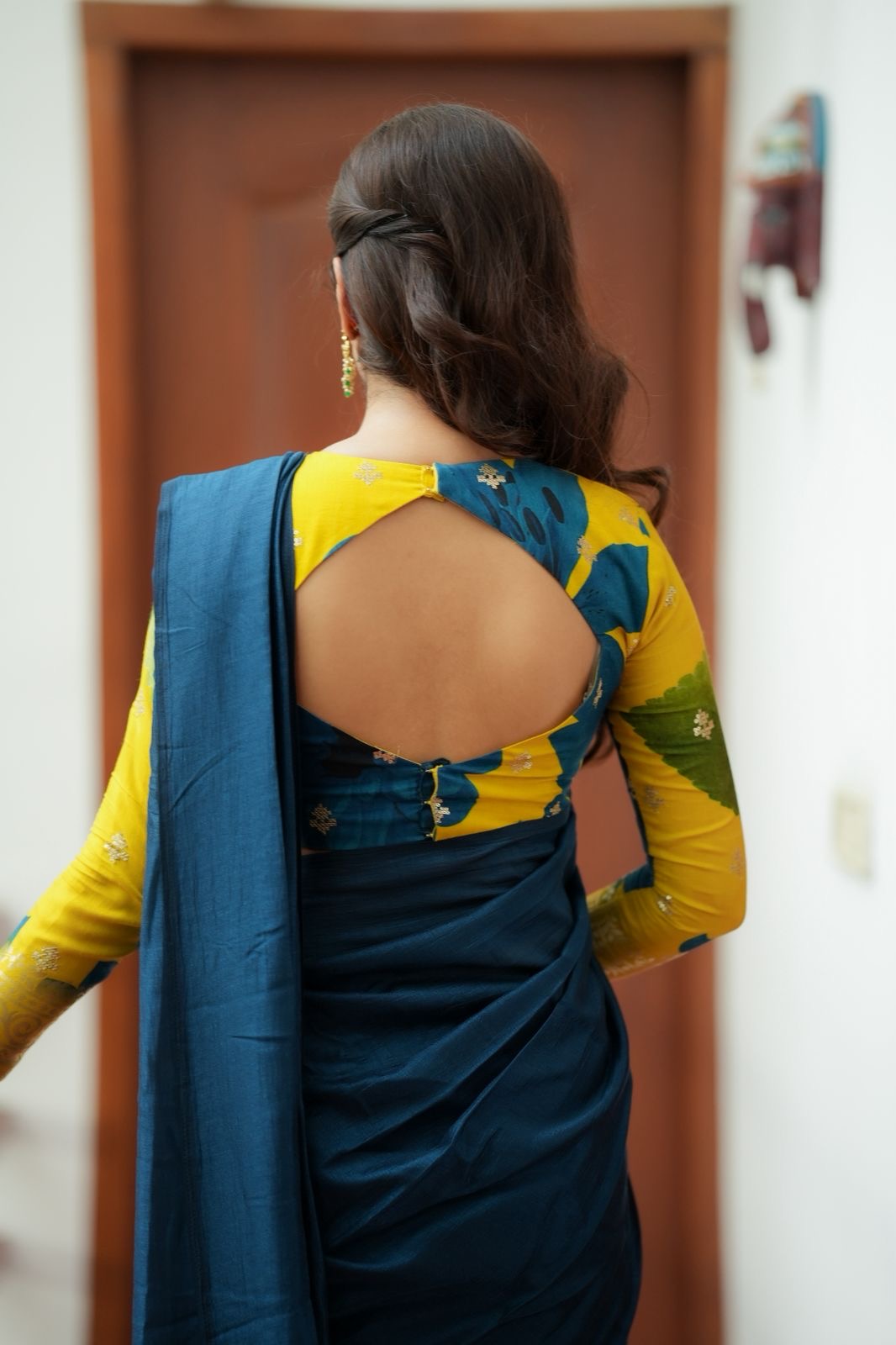 Deep blue marble silk saree with embroidery blouse