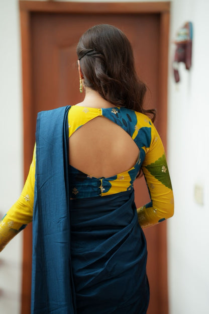 Deep blue marble silk saree with embroidery blouse