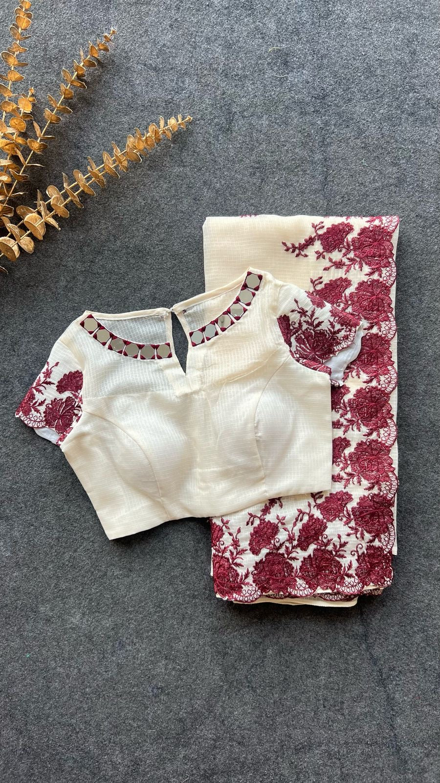 Cream kota cotton saree with mirror work blouse