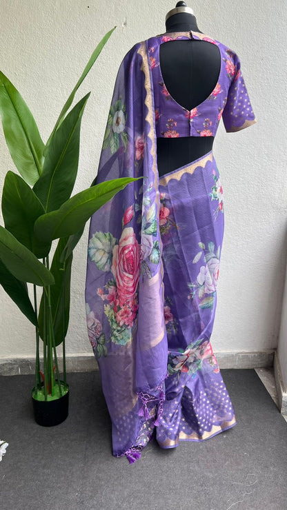 Lavender kota floral saree with blouse