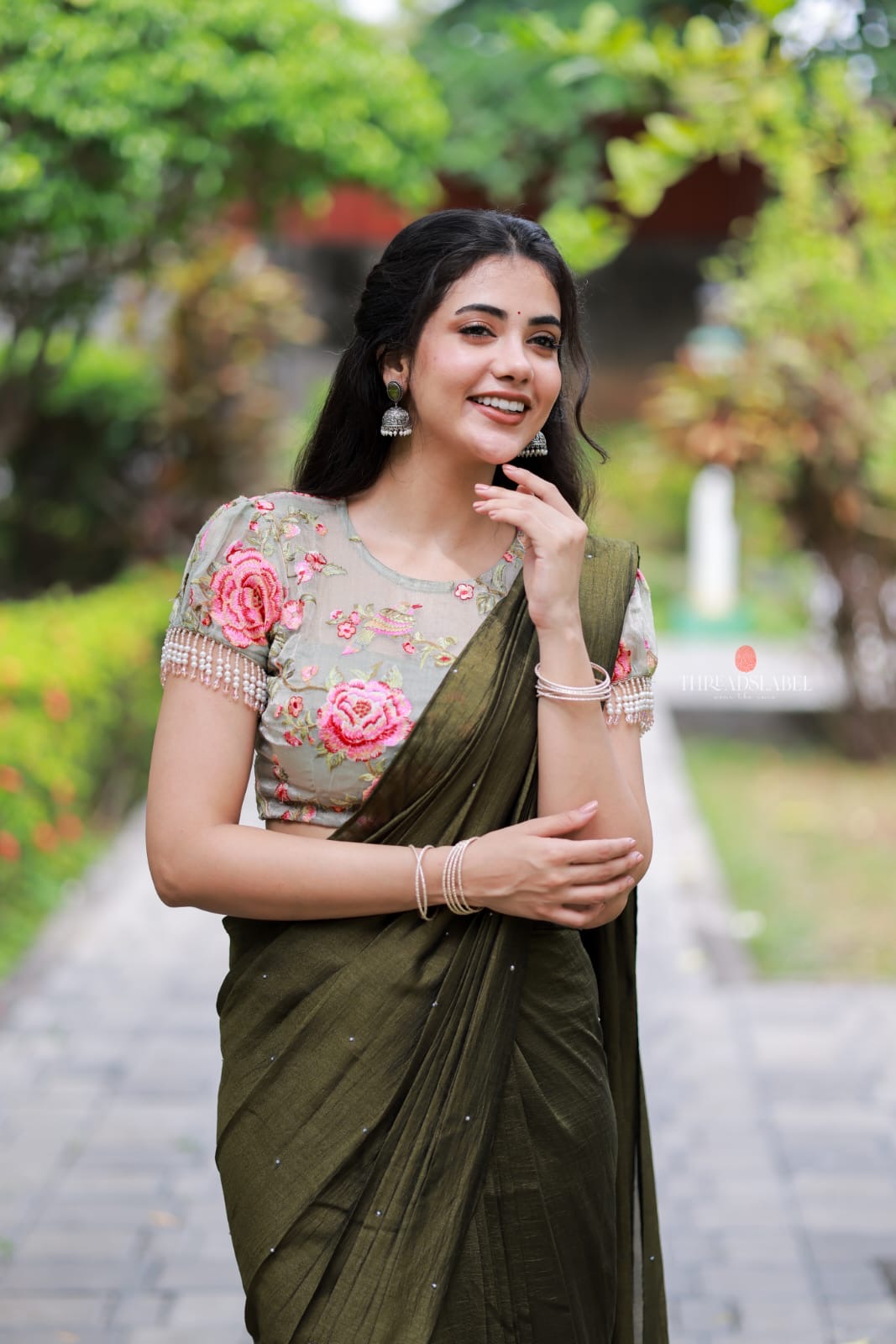 Bottle green Marble Saree with Handwork Blouse