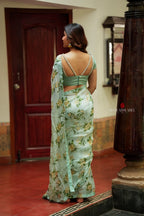 Sea green viscose jute floral saree (only saree)