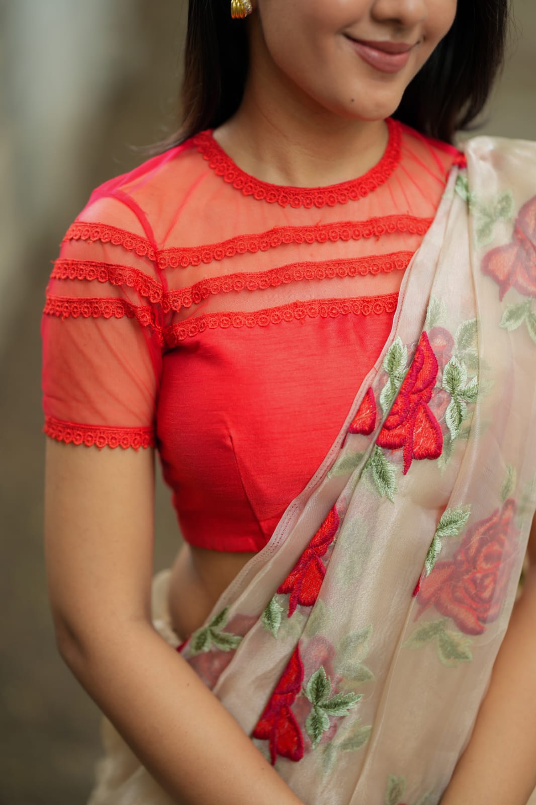 Red silk net embroidery work blouse (only blouse)