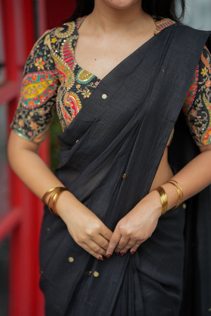 Black malai chanderi saree with heavy embroidery blouse