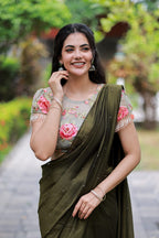 Bottle green Marble Saree with Handwork Blouse