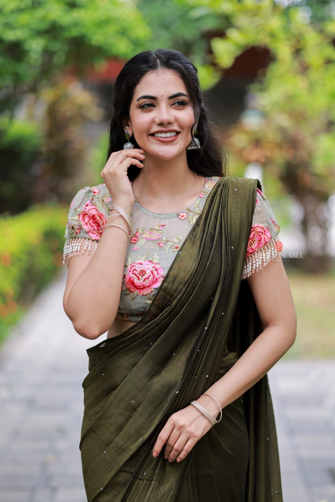 Bottle green Marble Saree with Handwork Blouse