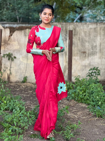 Pink marble silk saree with  embroidery blouseq