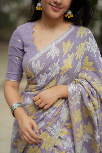 Lavender linen floral saree with hand work blouse