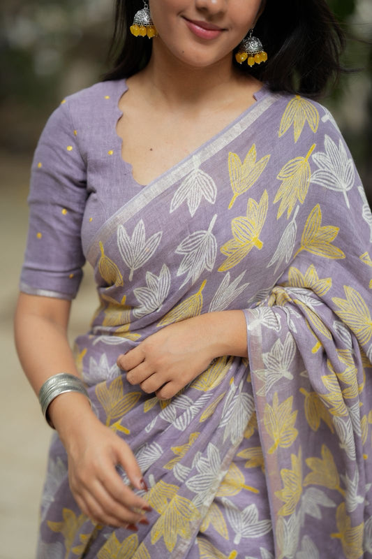 Lavender linen floral saree with hand work blouse