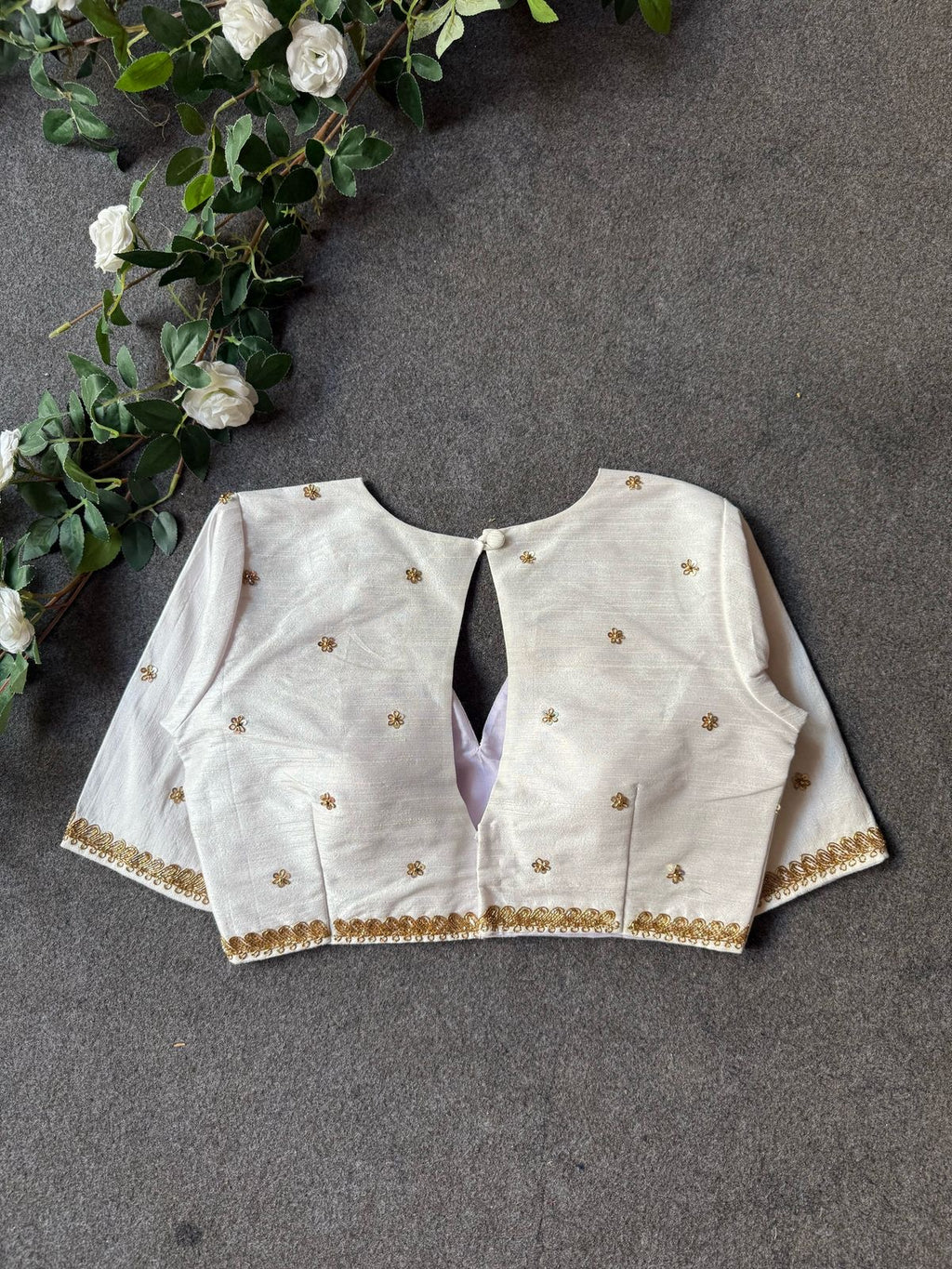 White silk shoulder hand worked blouse