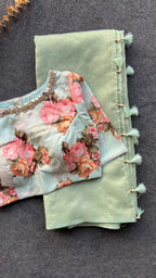 Light green tissue saree with mirror floral blouse
