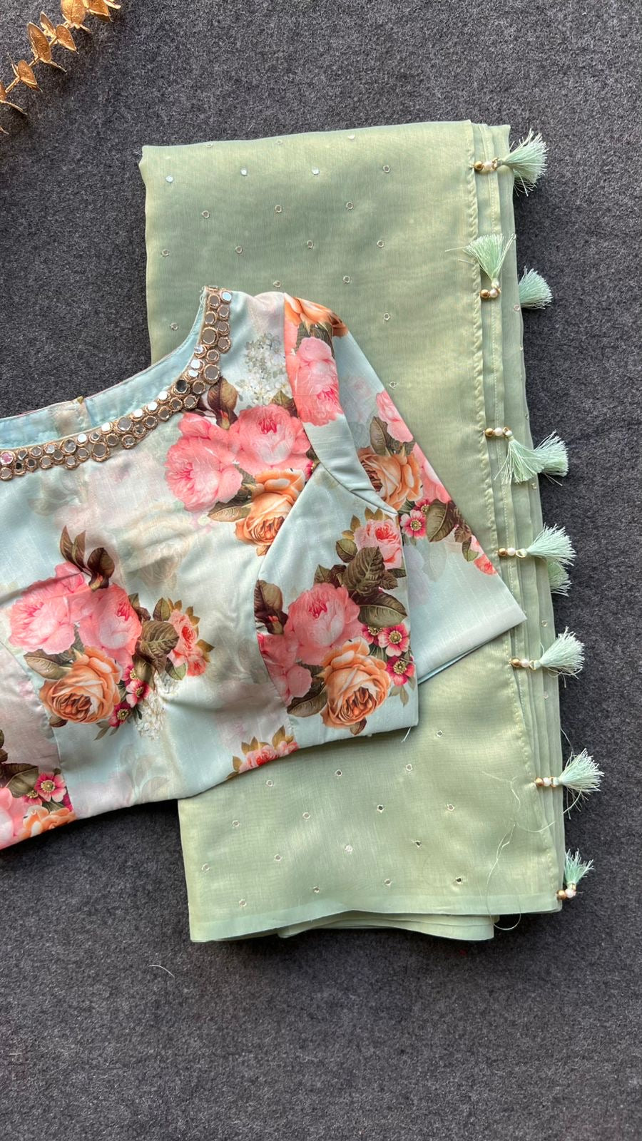 Light green tissue saree with mirror floral blouse